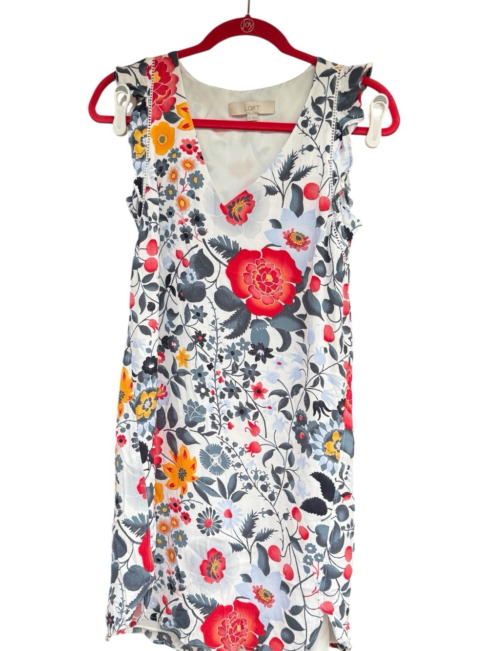 LOFT White Floral V-Neck Dress with Red and Yellow Flowers